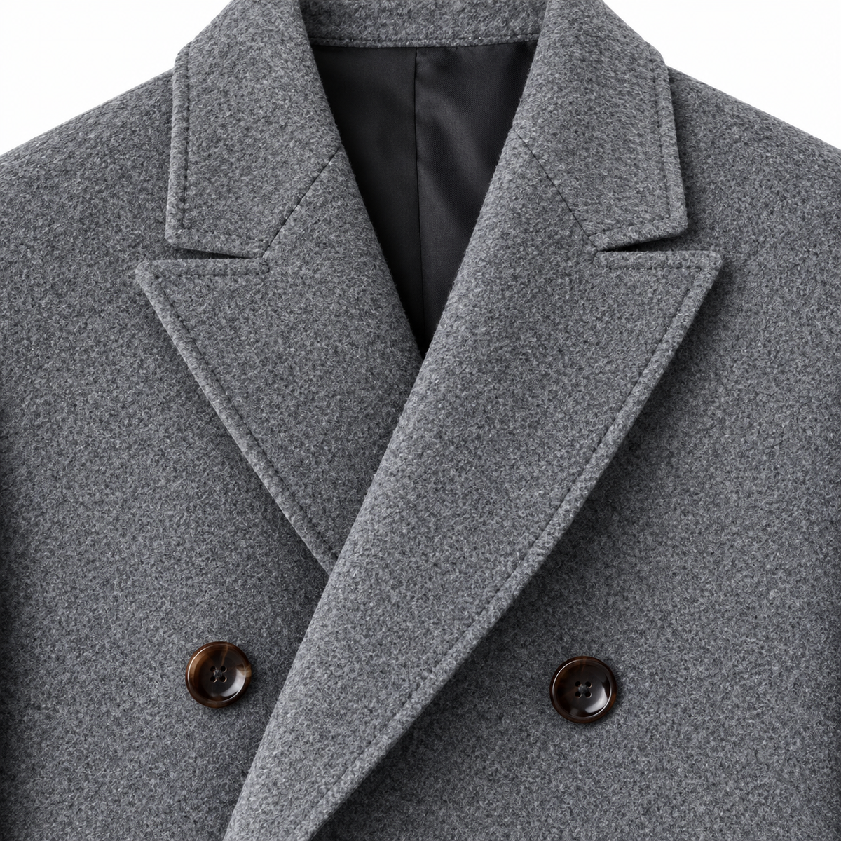 Sutton Peak-Lapel Double-Breasted Overcoat - Gray, peak lapel and button close-up