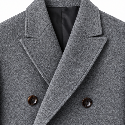 Sutton Peak-Lapel Double-Breasted Overcoat - Gray, peak lapel and button close-up