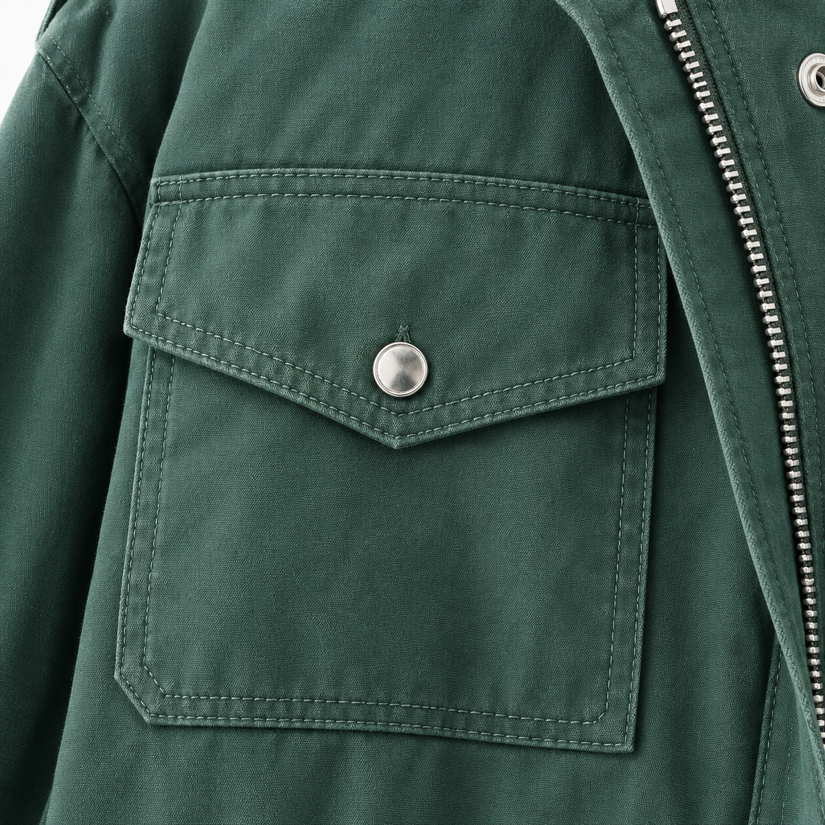 Sabine Drawstring-Waist Utility Jacket — Green, chest pocket and fabric close-up