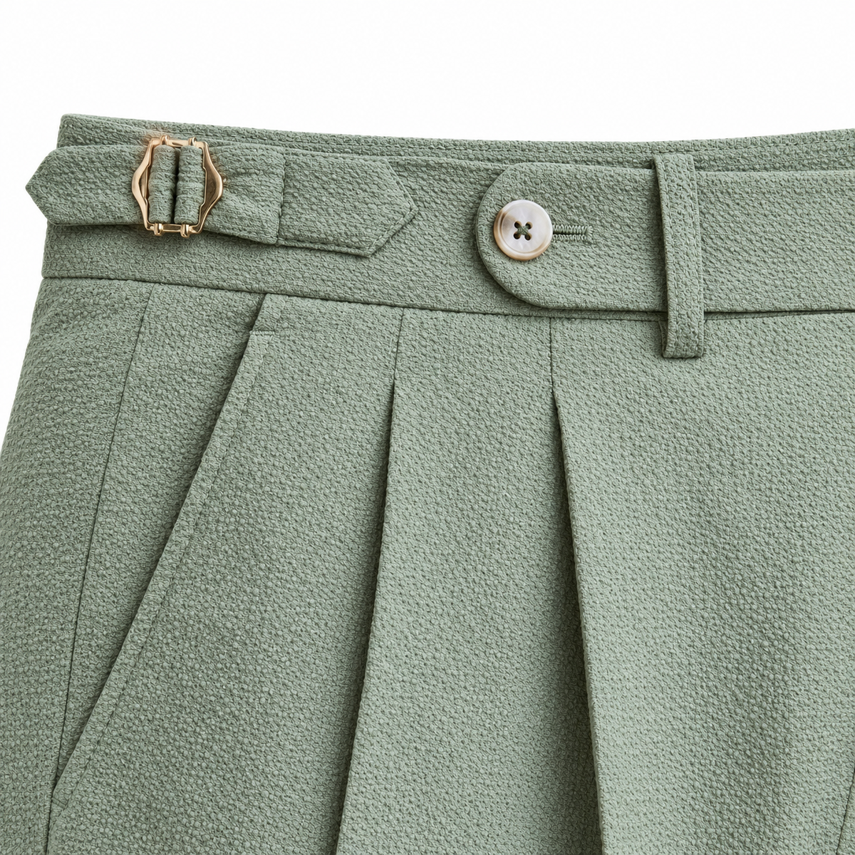 Wexford Pleated Side-Buckle Trousers - Green, waistband buckle close-up