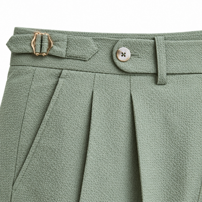 Wexford Pleated Side-Buckle Trousers - Green, waistband buckle close-up