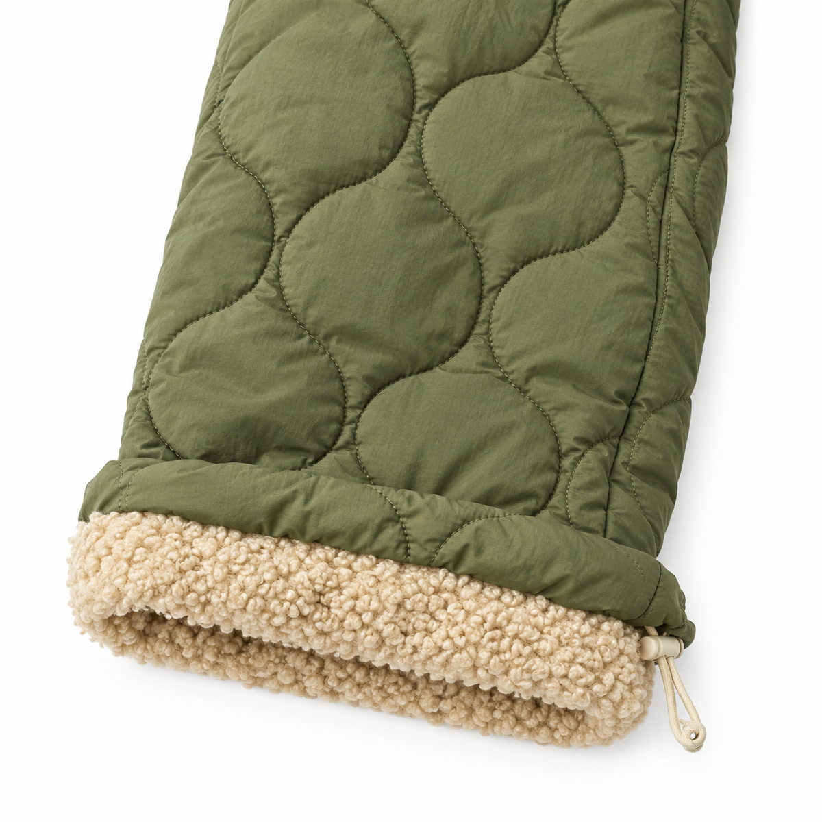 Ivy Quilted Fleece-Lined Cargo Pants - Olive Green, quilted hem and fleece cuff close-up