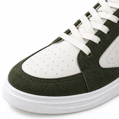 Caleb Suede-Panel Court Sneakers - Green, suede-look toe cap and perforated upper close-up