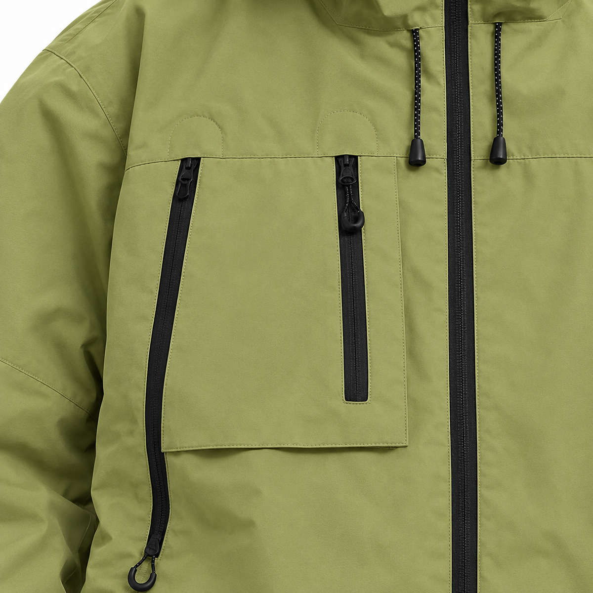 Hunter Hooded Utility Jacket - Green, chest pocket and zip close-up