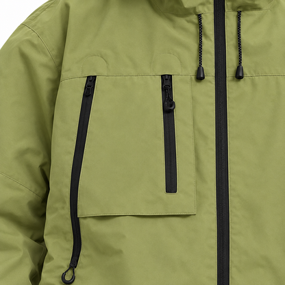 Hunter Hooded Utility Jacket - Green, chest pocket and zip close-up