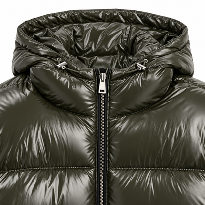 Blake Glossy Hooded Puffer Jacket - Dark Green, hood, collar and zip close-up