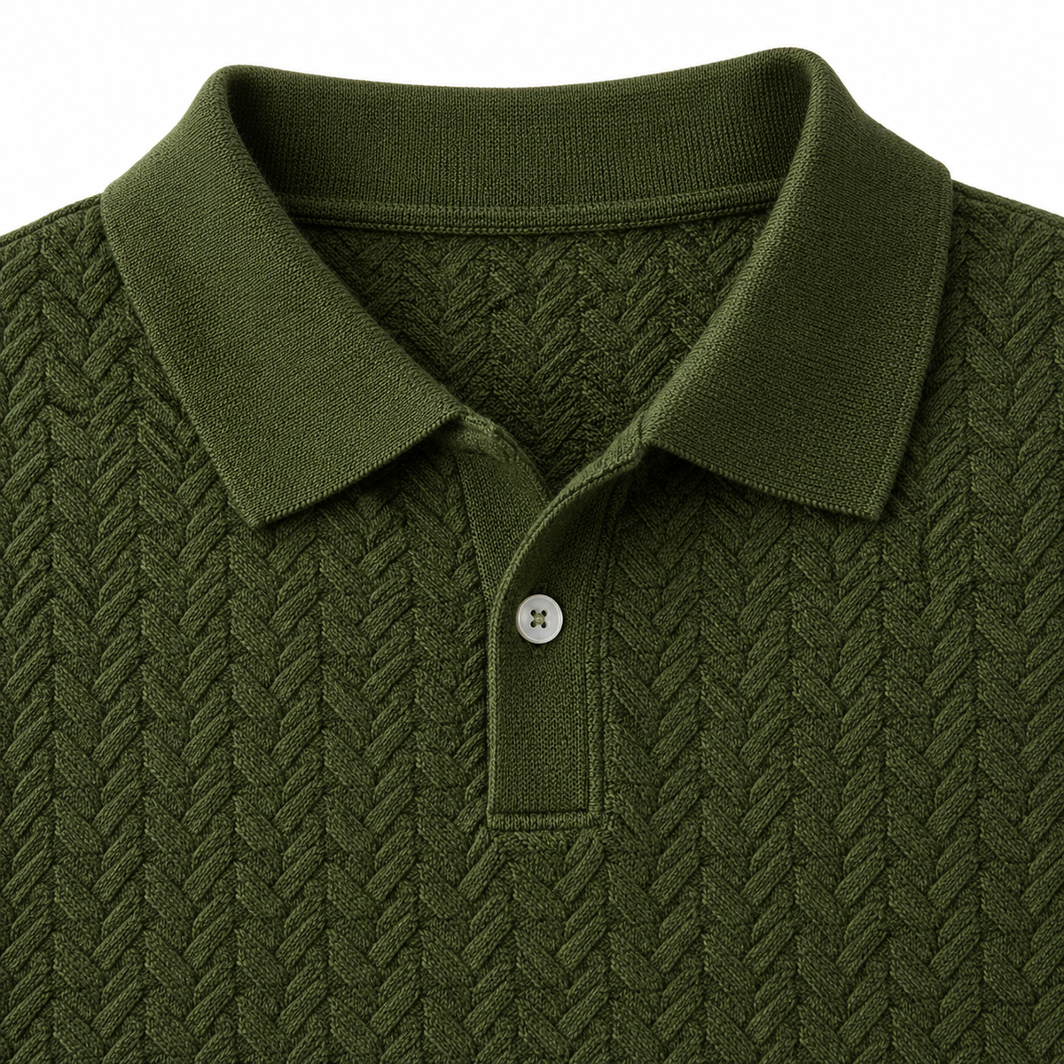 Grant Braided-Knit Long-Sleeve Polo - Green, collar and placket knit close-up
