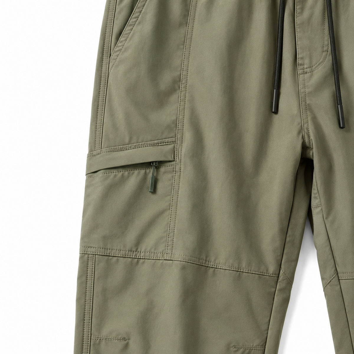 Nolan Zip-Pocket Cargo Pants - Army Green, zip thigh pocket and fabric close-up