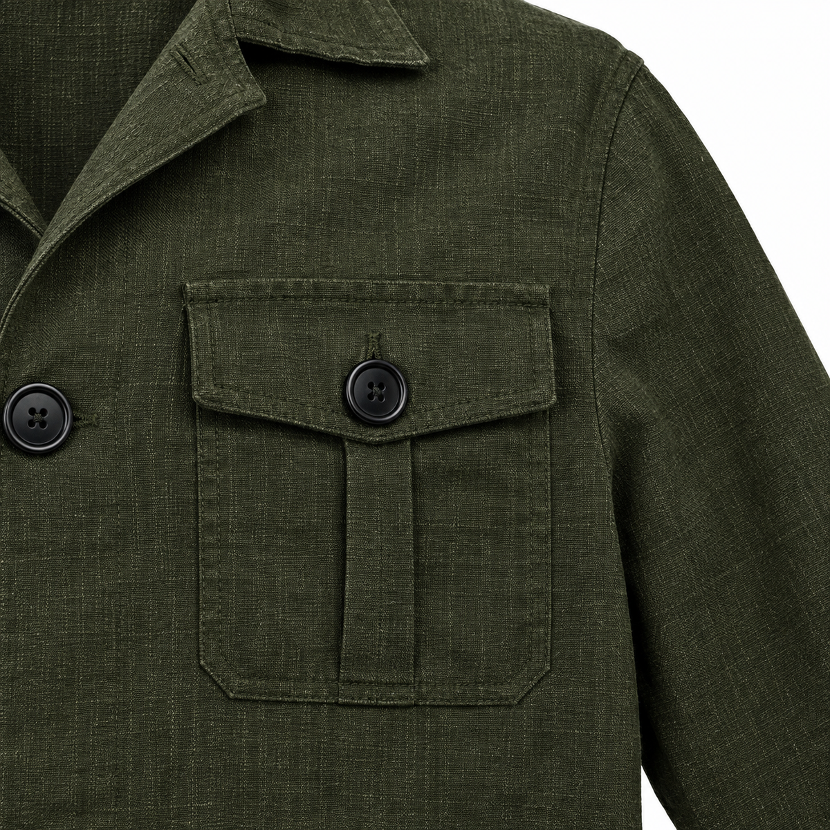 Russell Four-Pocket Safari Jacket - Army Green, chest pocket close-up