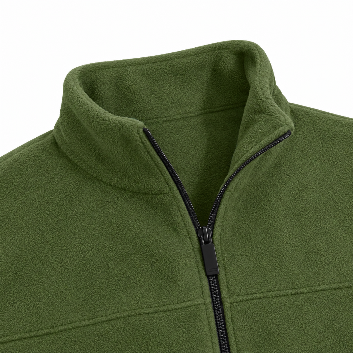 Elliot Polar Fleece Zip Jacket - Army Green, stand collar and zip close-up