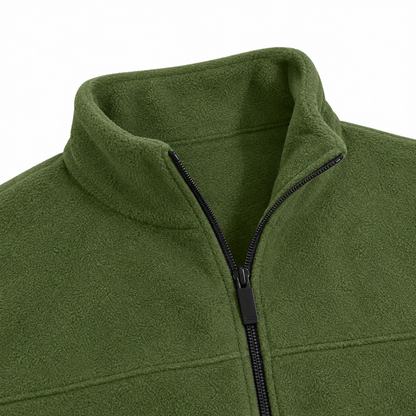 Elliot Polar Fleece Zip Jacket - Army Green, stand collar and zip close-up