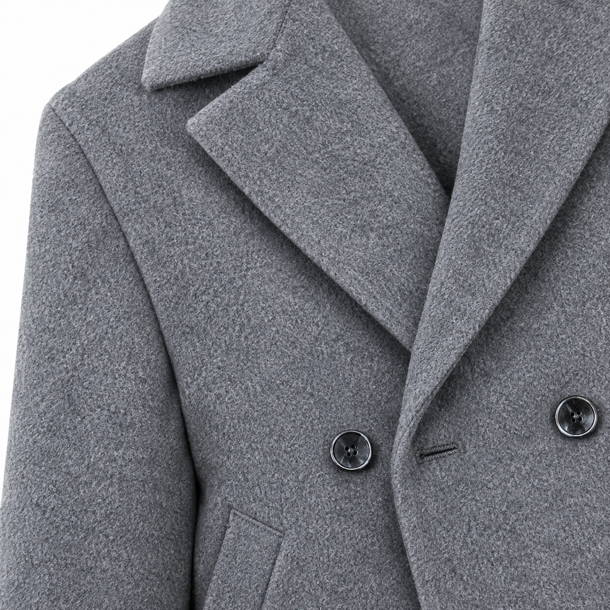 Calvin Brushed Double-Breasted Peacoat - Grey, notched lapel and button close-up