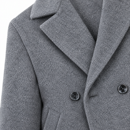 Calvin Brushed Double-Breasted Peacoat - Grey, notched lapel and button close-up