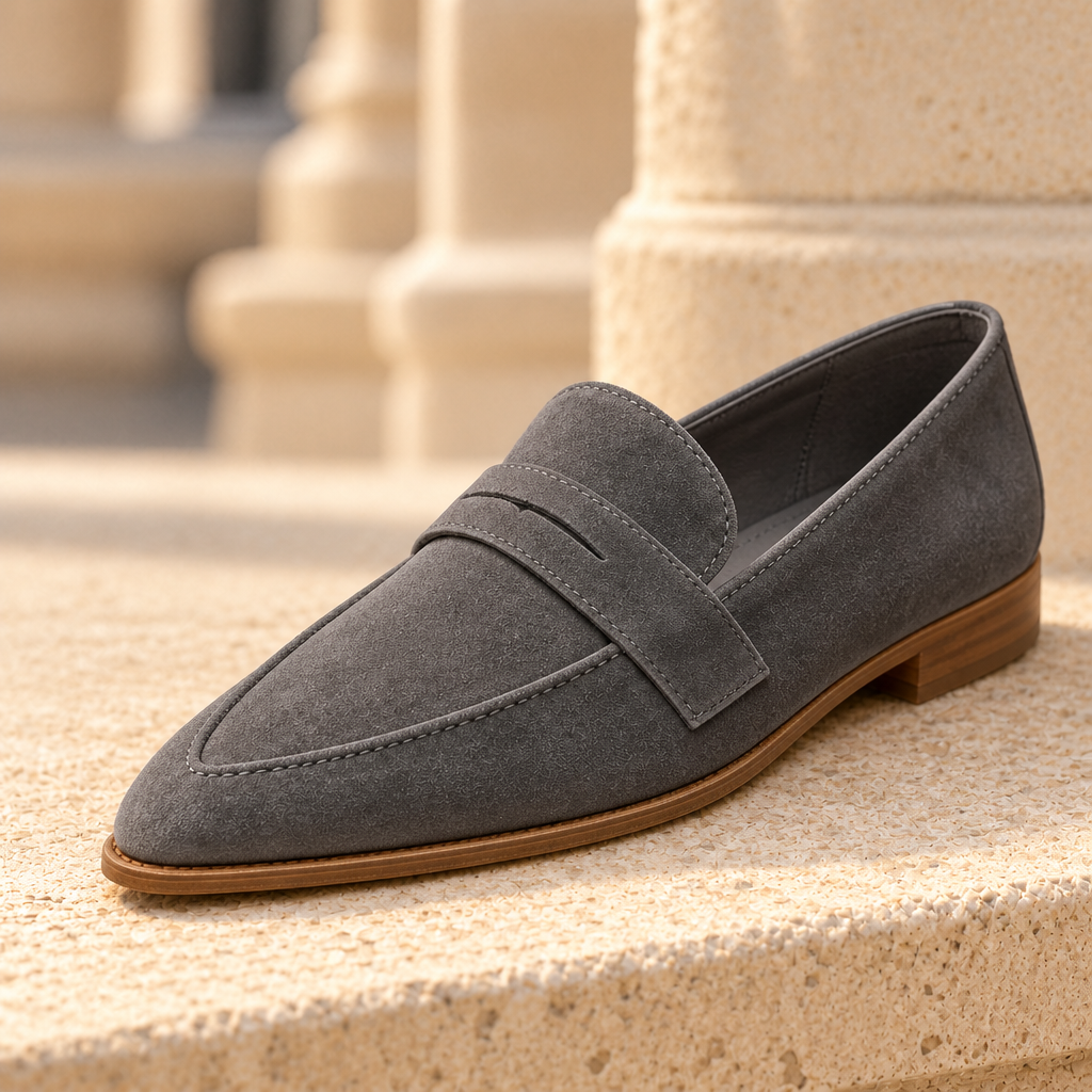 Hazel Pointed Suede Penny Loafers - Grey, penny strap and suede close-up