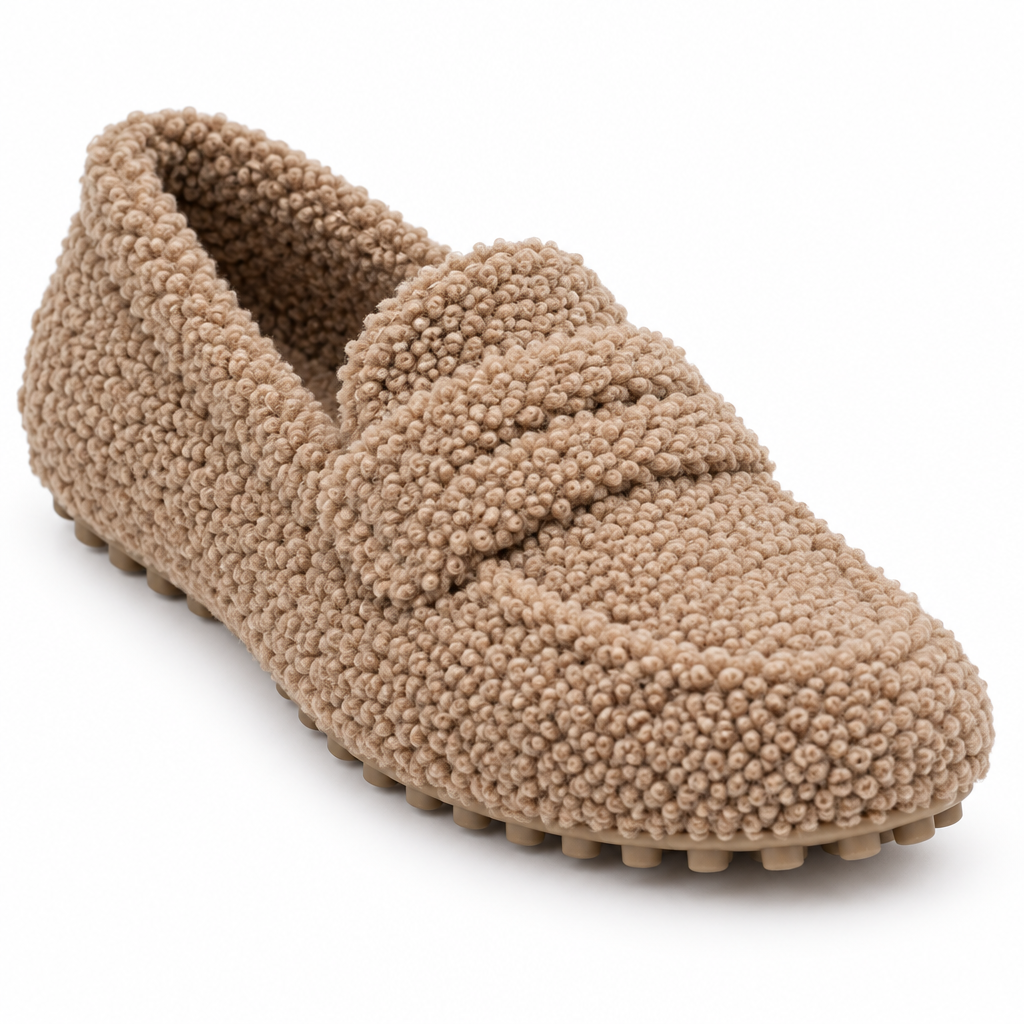 Emma Teddy Fleece Penny Loafers - Khaki, teddy fleece, penny strap and nubbed sole close-up