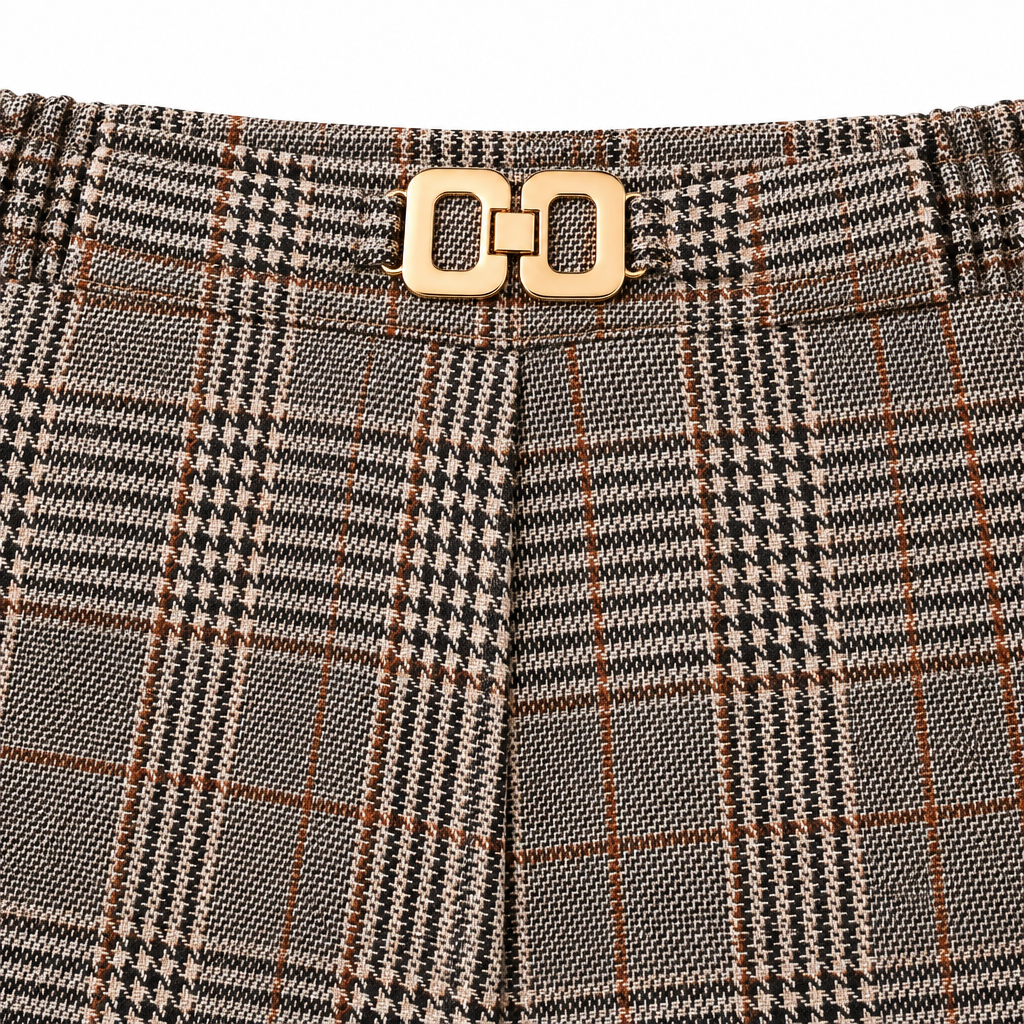 Emily Glen-Plaid Wide-Leg Trousers - Khaki, buckle waistband and glen-plaid close-up