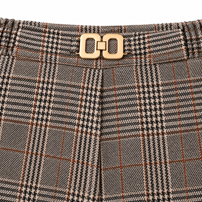 Emily Glen-Plaid Wide-Leg Trousers - Khaki, buckle waistband and glen-plaid close-up