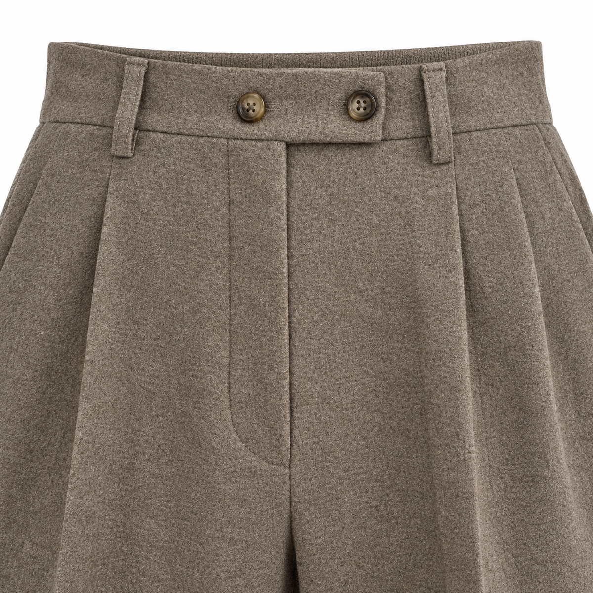 Gavin Button-Tab Pleated Trousers - Khaki, button-tab waistband close-up