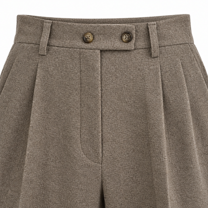 Gavin Button-Tab Pleated Trousers - Khaki, button-tab waistband close-up