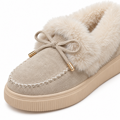 Maggie Plush-Lined Bow Moccasins - Khaki, bow, moc-toe stitching and fur collar close-up