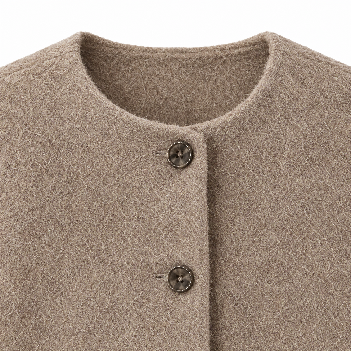 Hannah Brushed Collarless Cropped Jacket - Khaki, neckline and fabric close-up
