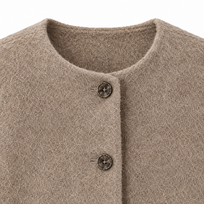 Hannah Brushed Collarless Cropped Jacket - Khaki, neckline and fabric close-up