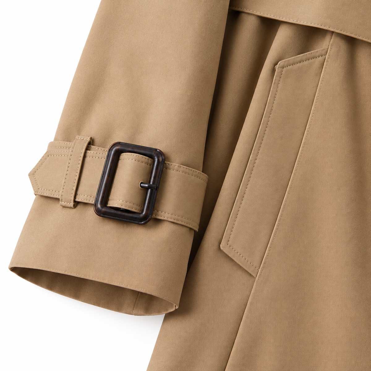 Olivia Belted Double-Breasted Trench Coat - Khaki, buckled cuff strap close-up