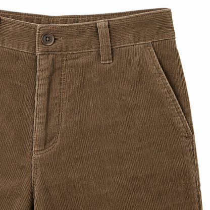 Clark Corduroy Tapered Trousers - Khaki, waistband, button and pocket close-up