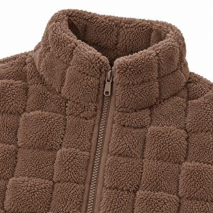 Haley Checkered Plush Zip Jacket - Khaki, stand collar and zip close-up
