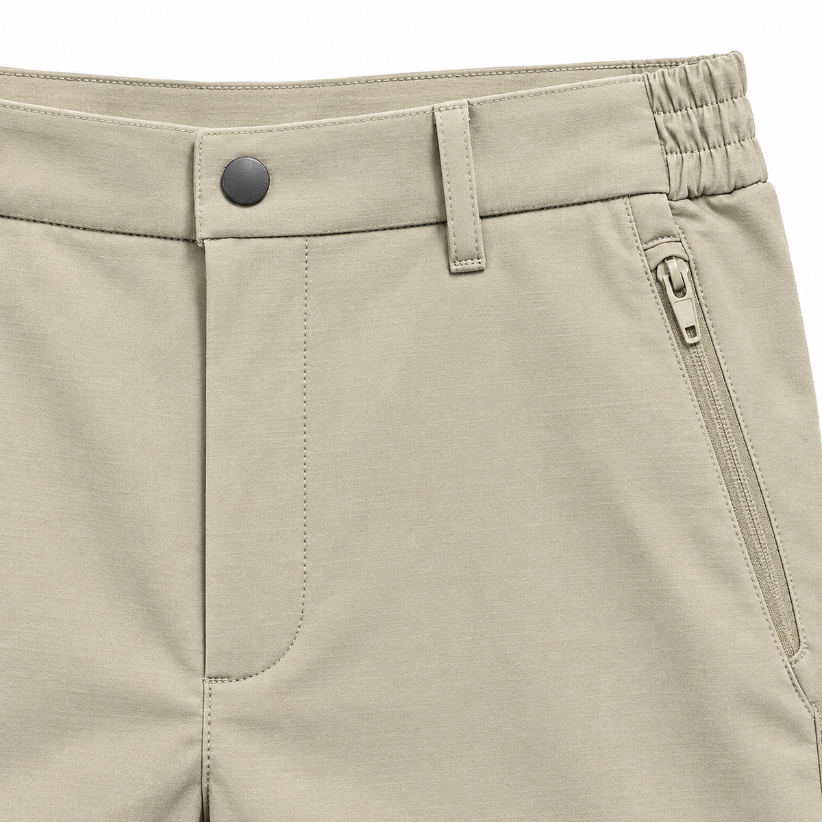 Scott Fleece-Lined Softshell Trousers - Khaki, waistband and zip pocket close-up