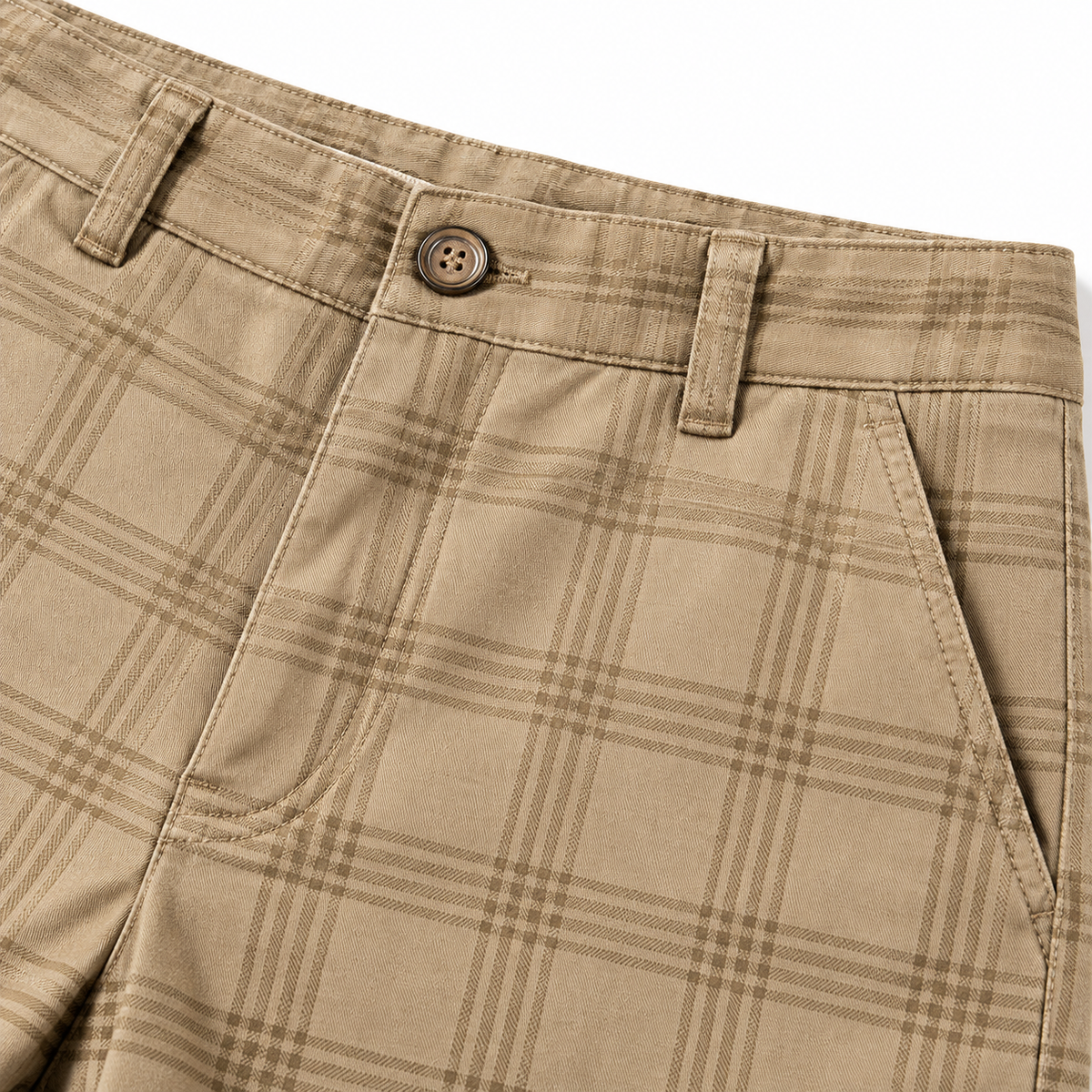 Harrison Plaid Stretch Slim Trousers - Khaki, waistband and pocket close-up