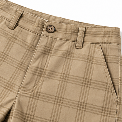 Harrison Plaid Stretch Slim Trousers - Khaki, waistband and pocket close-up