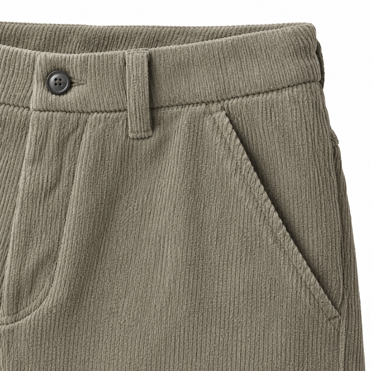 Porter Fleece-Lined Corduroy Trousers - Khaki, waistband and pocket close-up