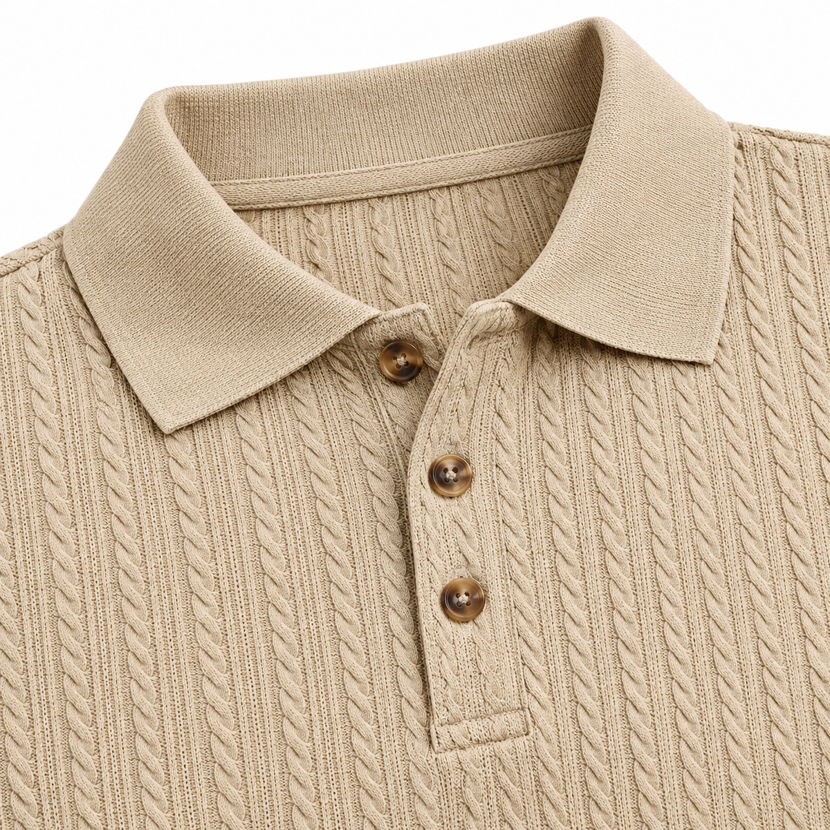 Richard Cable Jacquard Long-Sleeve Polo - Khaki, collar and cable-stripe knit close-up