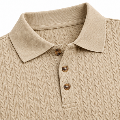 Richard Cable Jacquard Long-Sleeve Polo - Khaki, collar and cable-stripe knit close-up