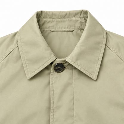 Pierce Single-Breasted Mac Coat - Khaki, collar and top button close-up