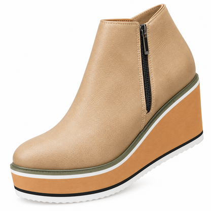 Lindsay Platform Wedge Ankle Boots - Khaki, side zip and striped wedge close-up