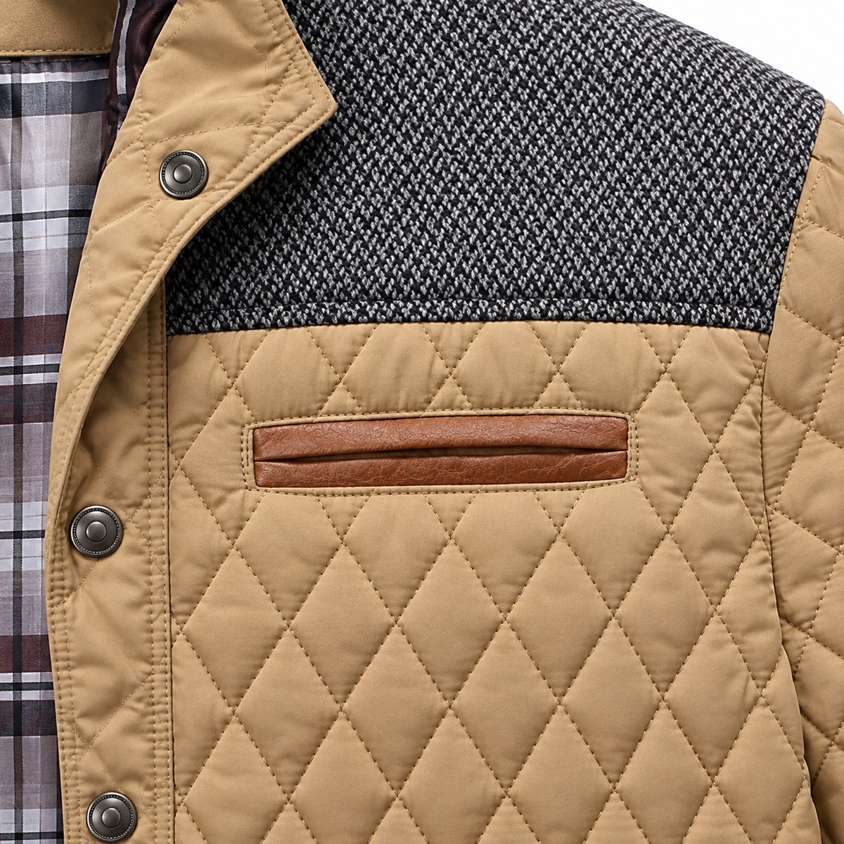Marshall Knit-Yoke Quilted Jacket - Khaki, chest pocket and knit yoke close-up