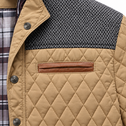 Marshall Knit-Yoke Quilted Jacket - Khaki, chest pocket and knit yoke close-up