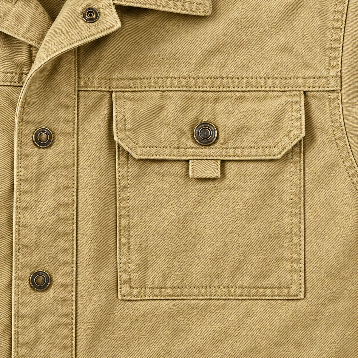 Garrett Button-Front Utility Jacket - Khaki, chest pocket and fabric close-up