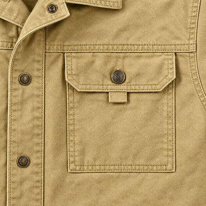 Garrett Button-Front Utility Jacket - Khaki, chest pocket and fabric close-up