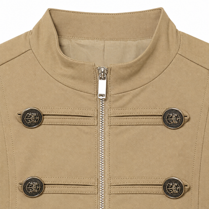 Alyssa Stand-Collar Military Jacket - Khaki, collar and button close-up