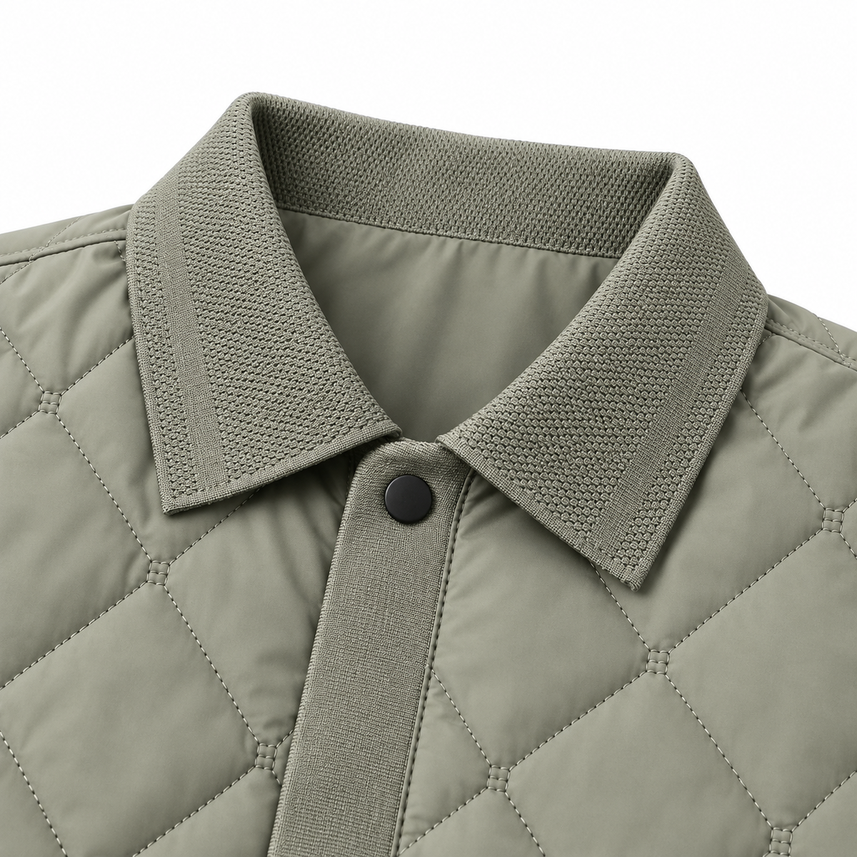 Henry Diamond-Quilted Collared Jacket - Khaki, collar, snap and quilting close-up