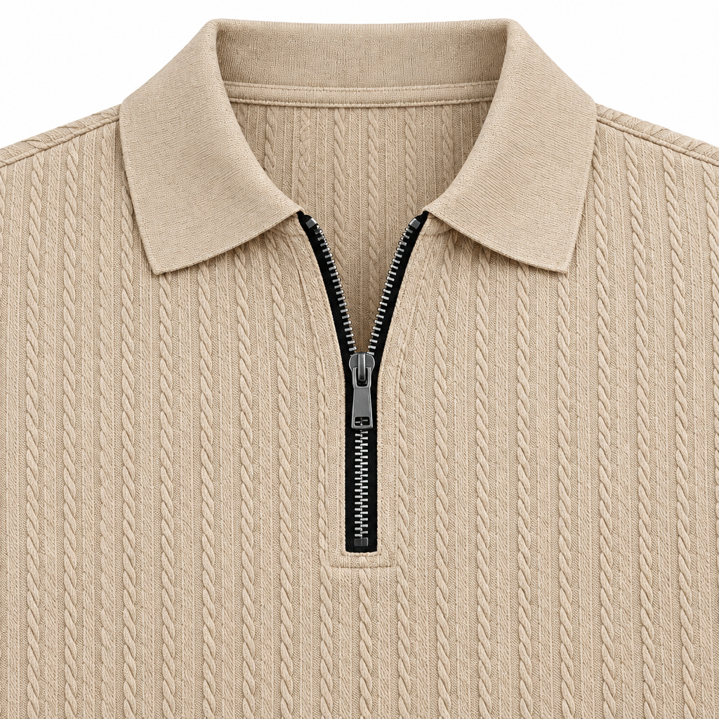 Peter Textured Quarter-Zip Polo - Khaki, collar, quarter zip and texture close-up