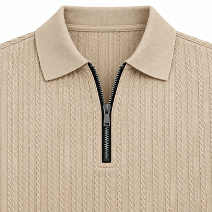 Peter Textured Quarter-Zip Polo - Khaki, collar, quarter zip and texture close-up