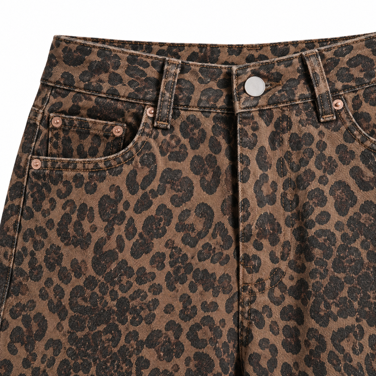 Chloe Leopard Wide-Leg Jeans - Leopard, waistband and pocket close-up