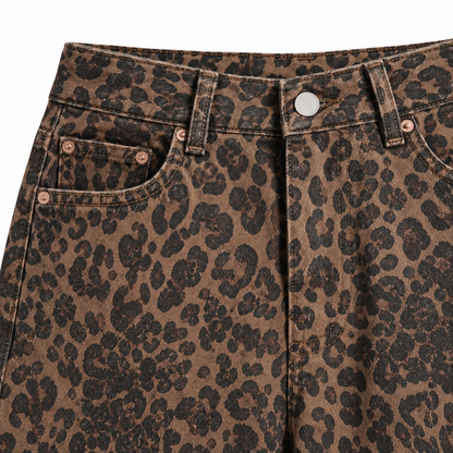 Chloe Leopard Wide-Leg Jeans - Leopard, waistband and pocket close-up