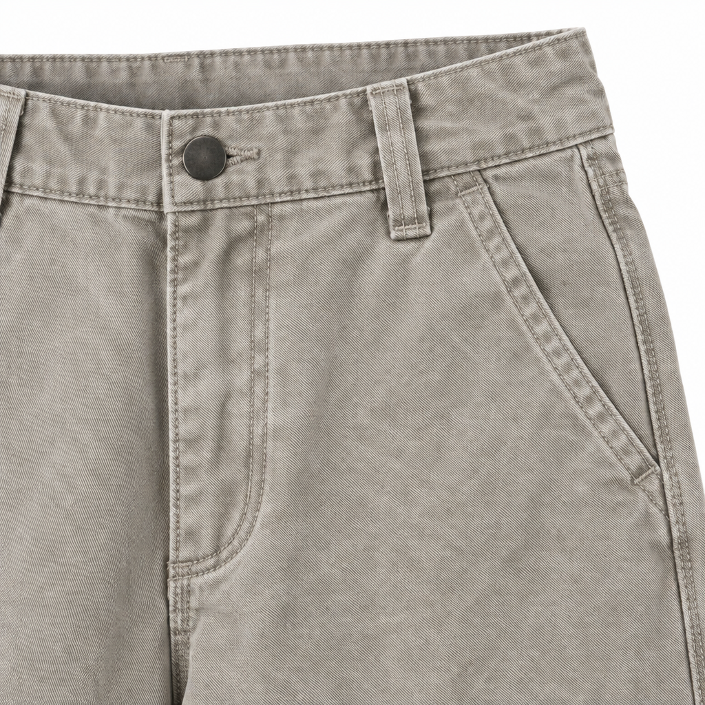Reed Double-Knee Cotton Work Pants - Light Gray, waistband, button and pocket close-up