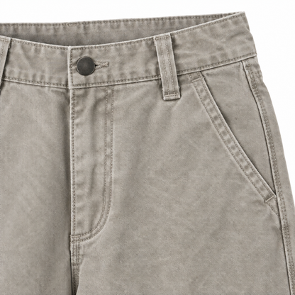 Reed Double-Knee Cotton Work Pants - Light Gray, waistband, button and pocket close-up