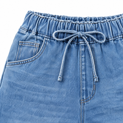 Harper Drawstring Wide-Leg Jeans - Light Blue, drawstring waistband close-up